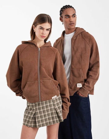COLLUSION Circular Design Collection Unisex heavyweight boxy zip hoodie washed brown - BROWN
