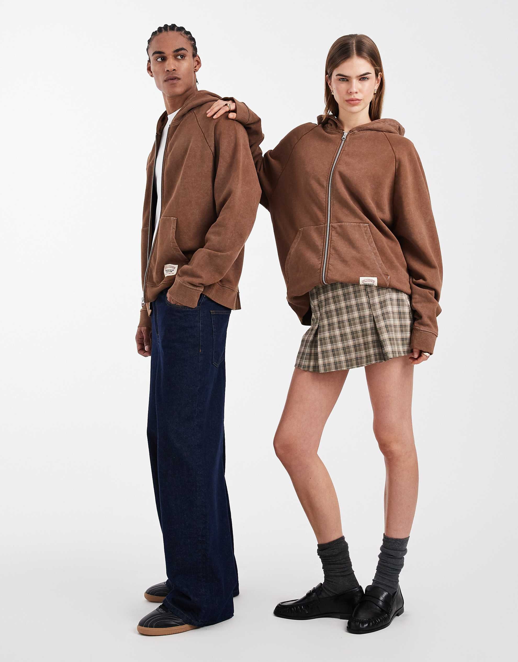 COLLUSION Circular Design Collection Unisex heavyweight boxy zip hoodie washed brown - BROWN