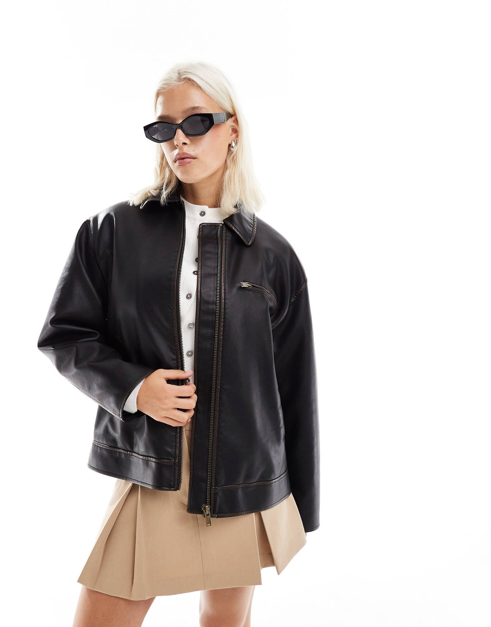 Mango leather look zip through jacket black