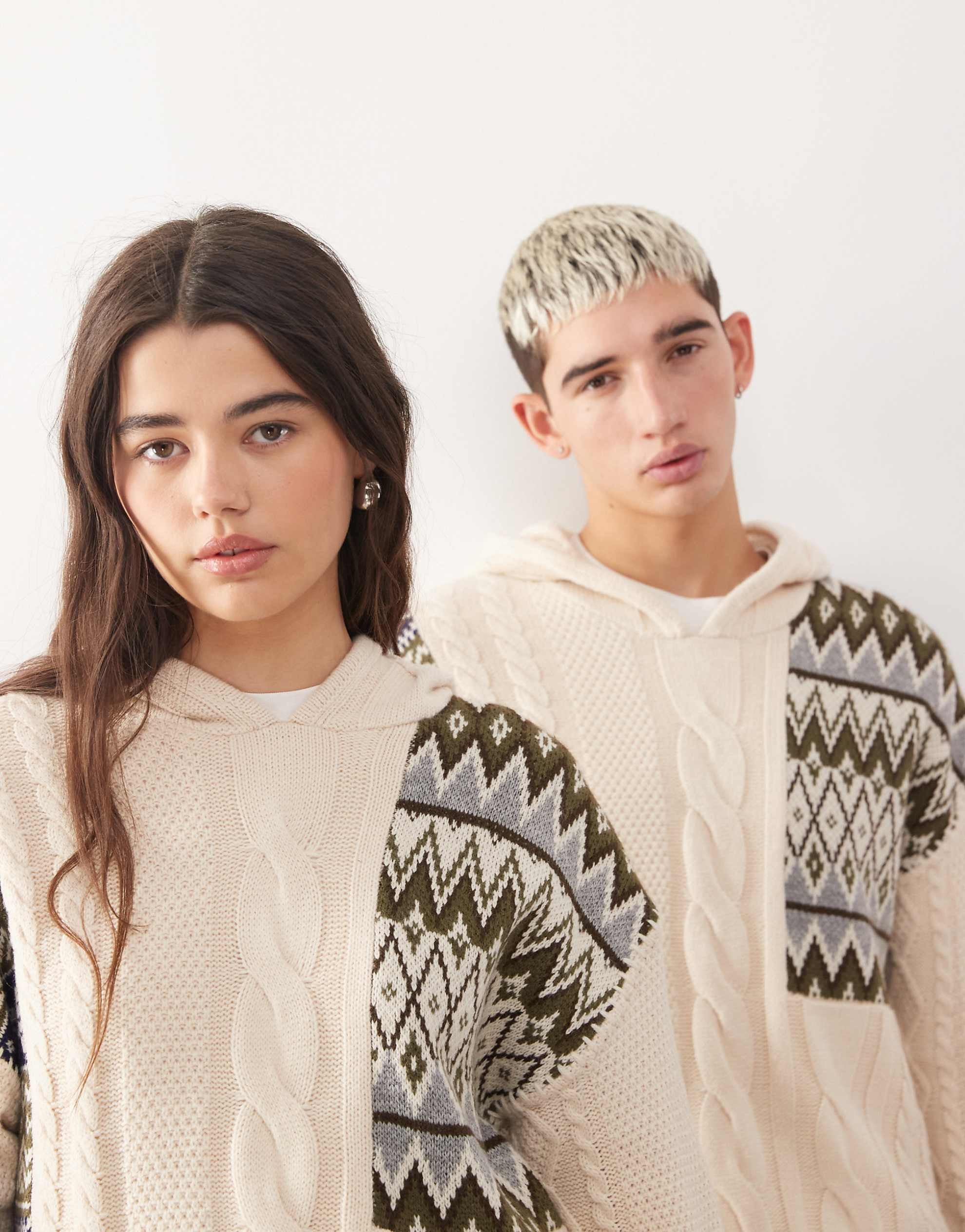 COLLUSION Unisex spliced fairisle cable knit hoodie