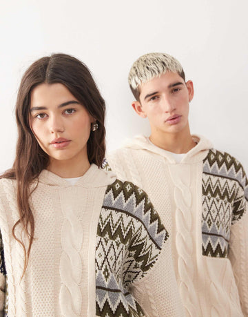 COLLUSION Unisex spliced fairisle cable knit hoodie
