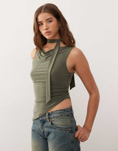 Load image into Gallery viewer, Reclaimed Vintage ruched side asymmetric tank scarf khaki