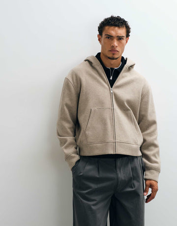 DESIGN relaxed boxy wool look zip through hoodie beige
