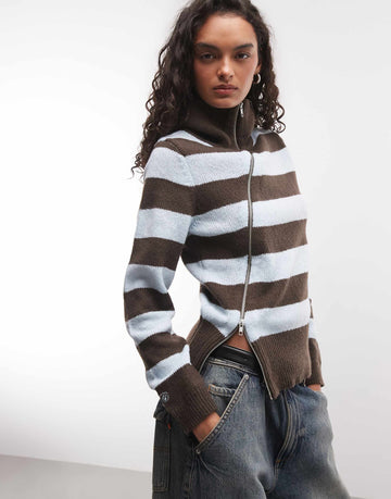 COLLUSION asymmetric zip through knitted jumper blue & brown stripe