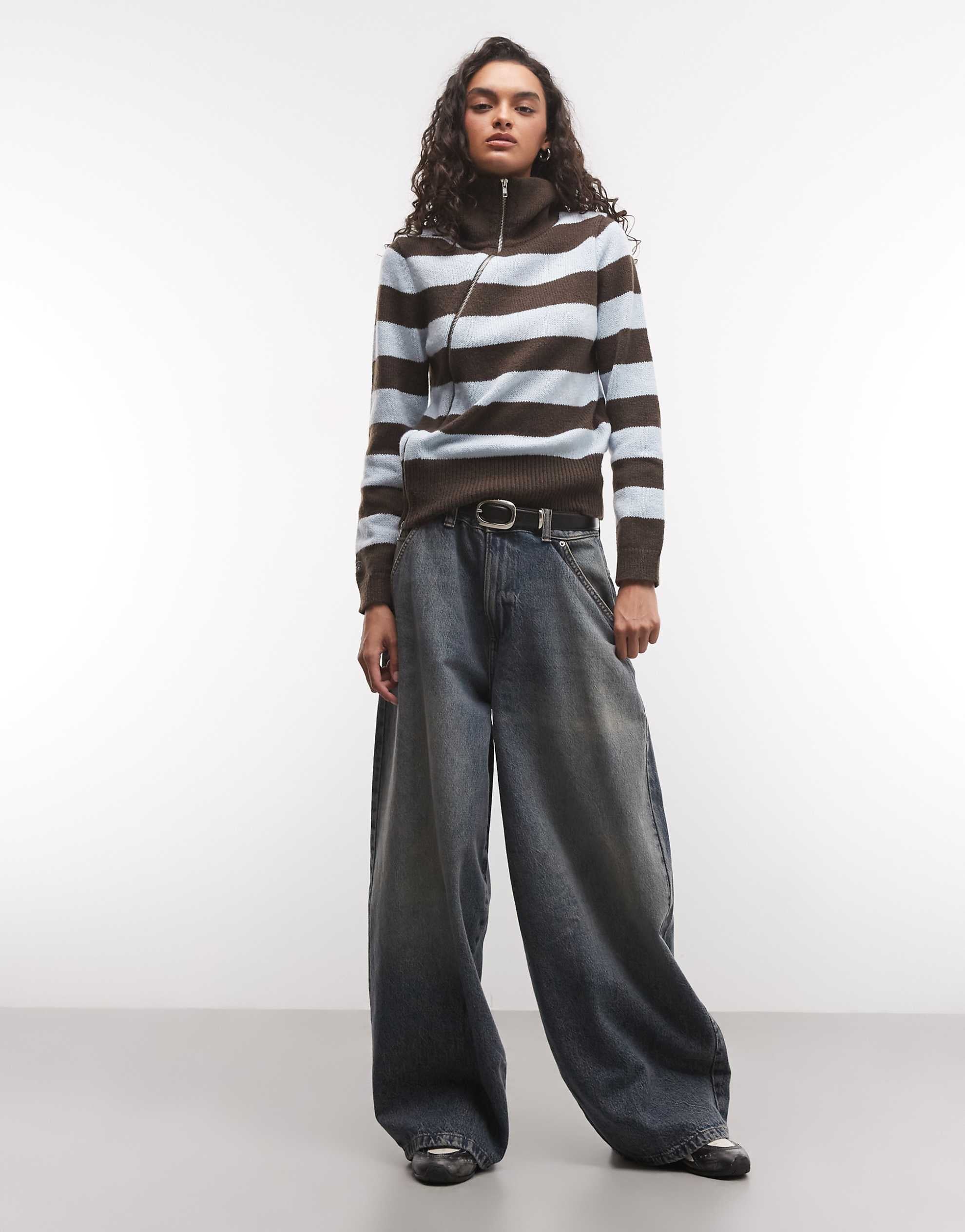 COLLUSION asymmetric zip through knitted jumper blue & brown stripe