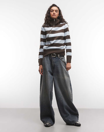 COLLUSION asymmetric zip through knitted jumper blue & brown stripe