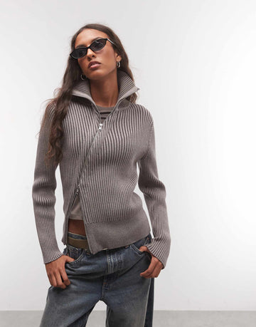 COLLUSION asymmetric zip through knitted plated jumper grey