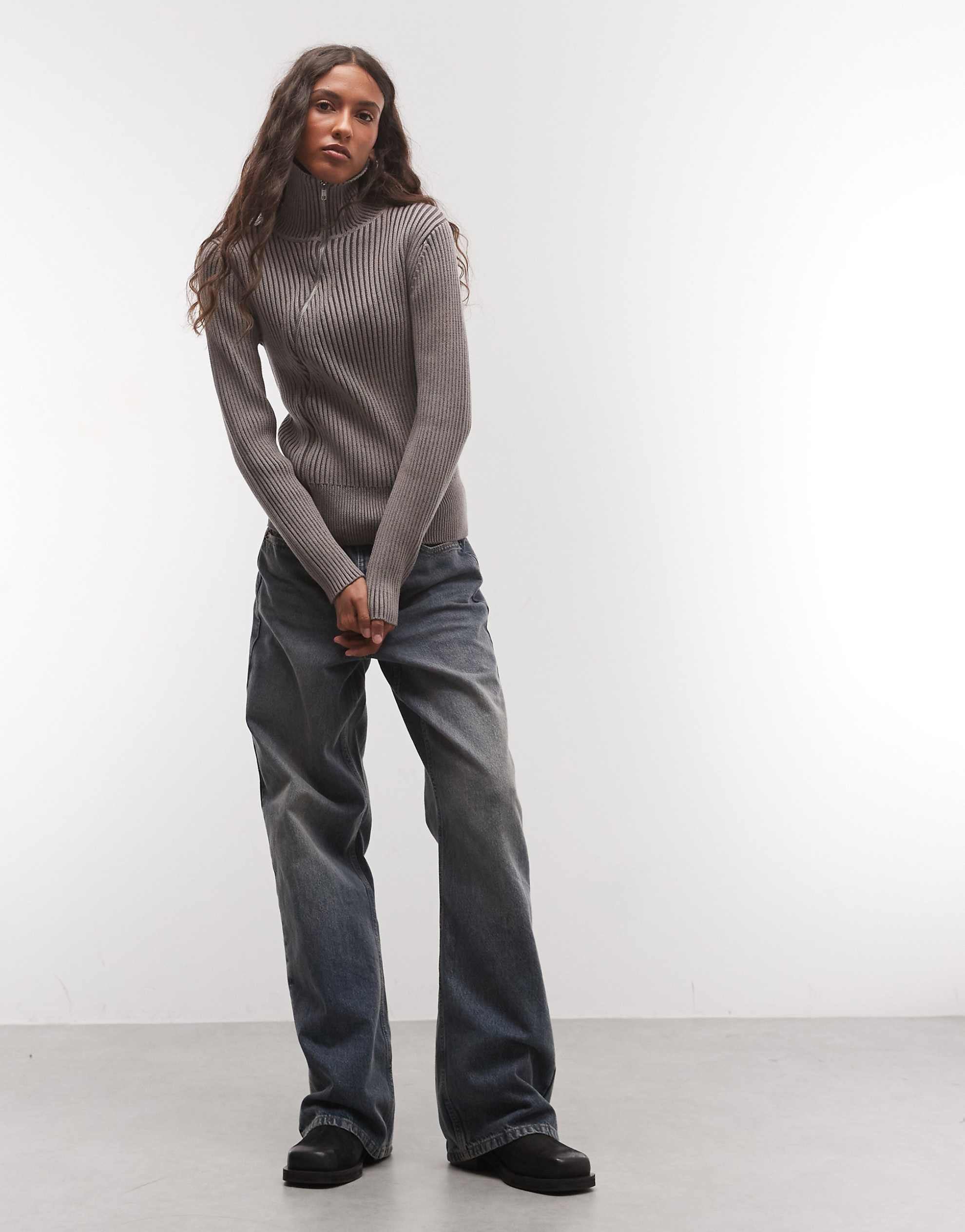 COLLUSION asymmetric zip through knitted plated jumper grey