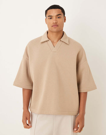 DESIGN extreme oversized three quarter sleeve polo beige