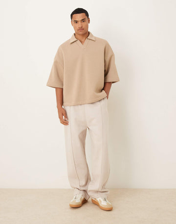 DESIGN extreme oversized three quarter sleeve polo beige