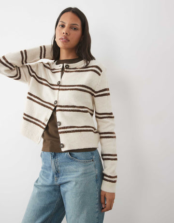 Brave Soul crew neck cardigan double stripe stone brown