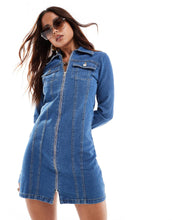 Load image into Gallery viewer, Miss Selfridge denim zip detail shirt dress mid blue wash