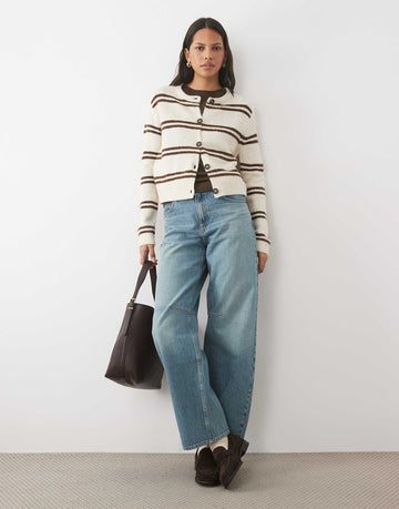 Brave Soul crew neck cardigan double stripe stone brown