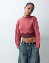 Load image into Gallery viewer, Miss Selfridge super crop rib jumper lace hem pink