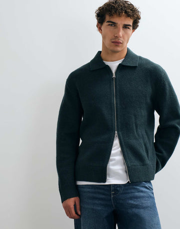 ARKET pure wool zip through cardigan polo collar dark green