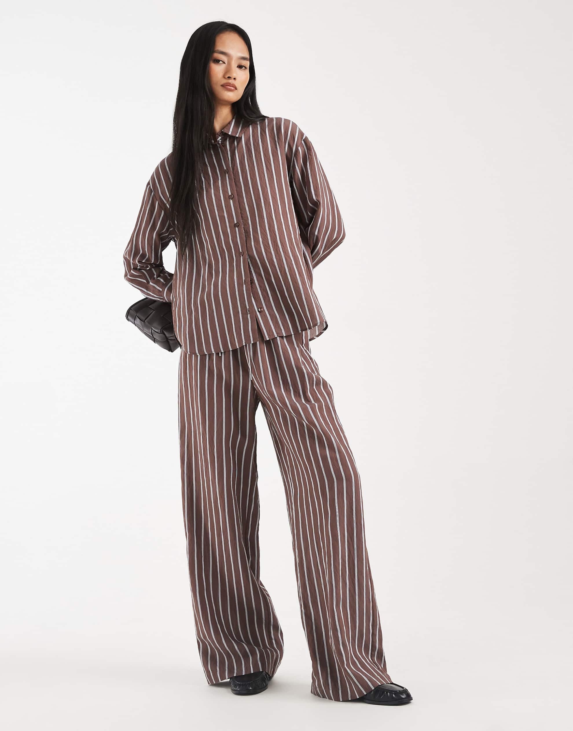 New Look co-ord stripe longline shirt & trousers brown