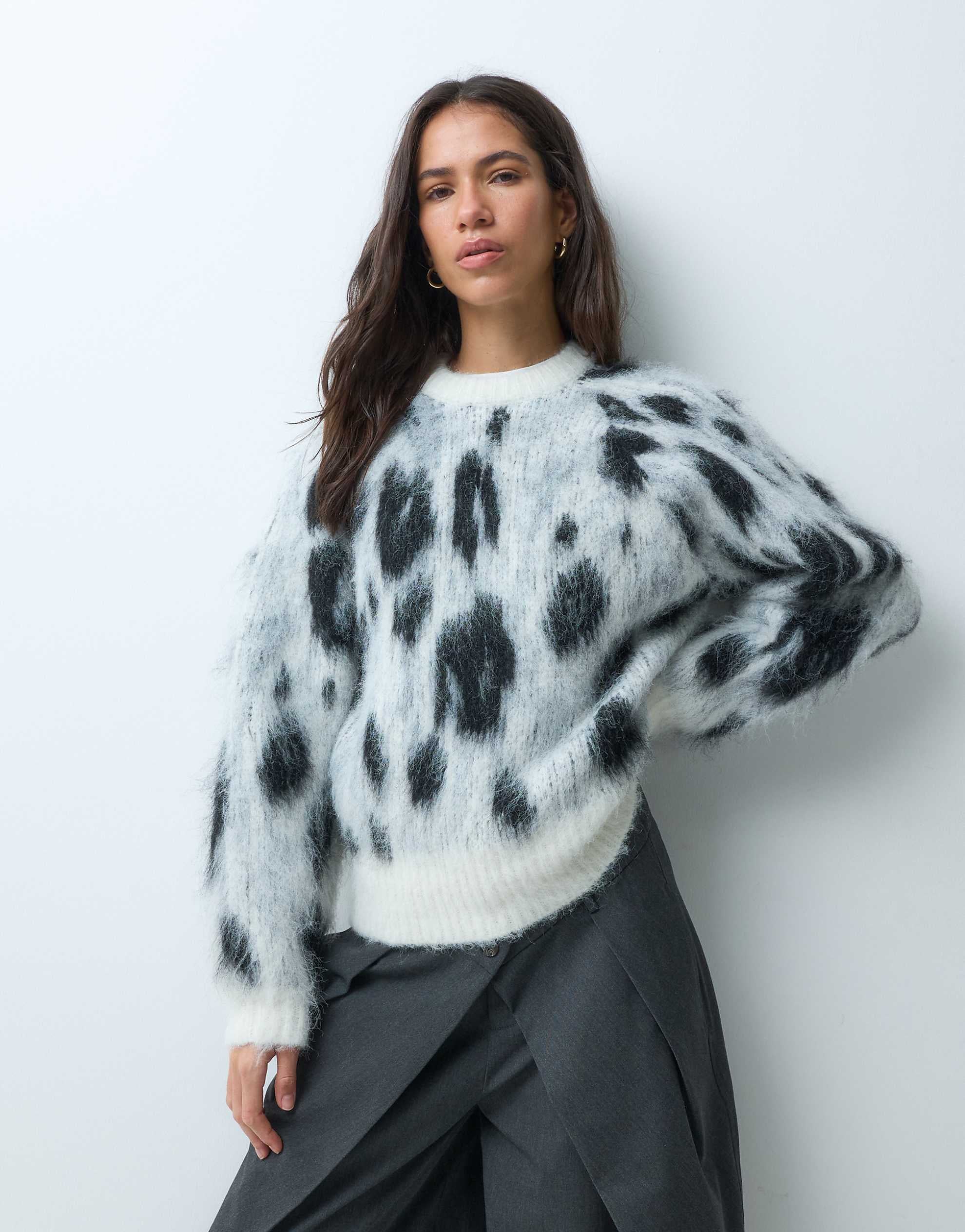 DESIGN crew neck brushed jumper mono animal