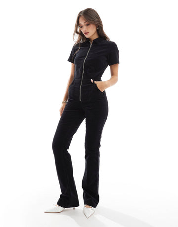 Mango zip through denim jumpsuit black