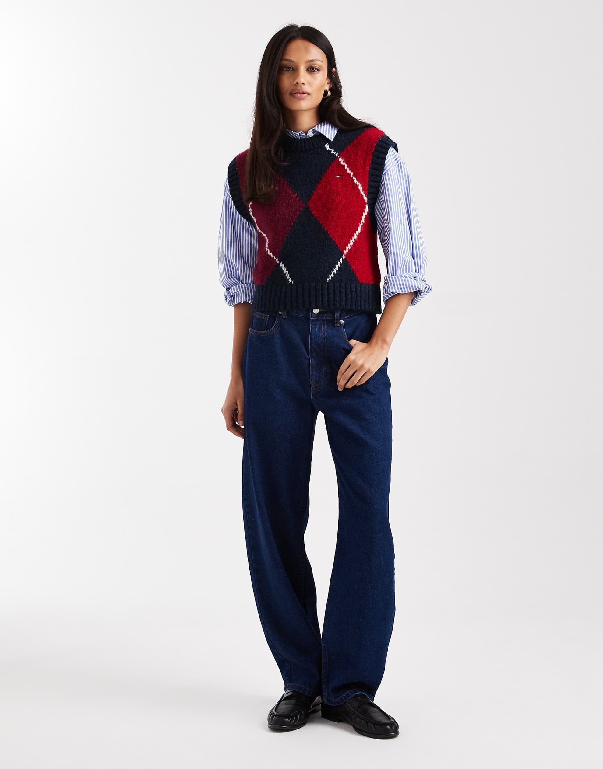 Tommy Jeans argyle sweater vest burgundy navy