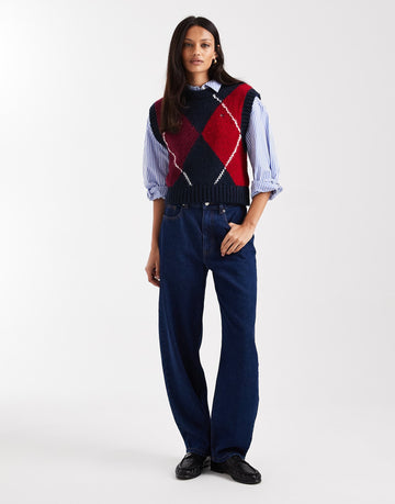 Tommy Jeans argyle sweater vest burgundy navy