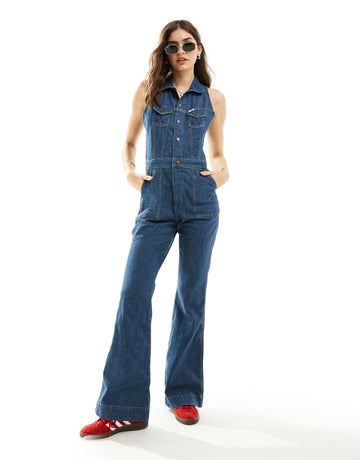 Wrangler racer back denim jumpsuit dark wash