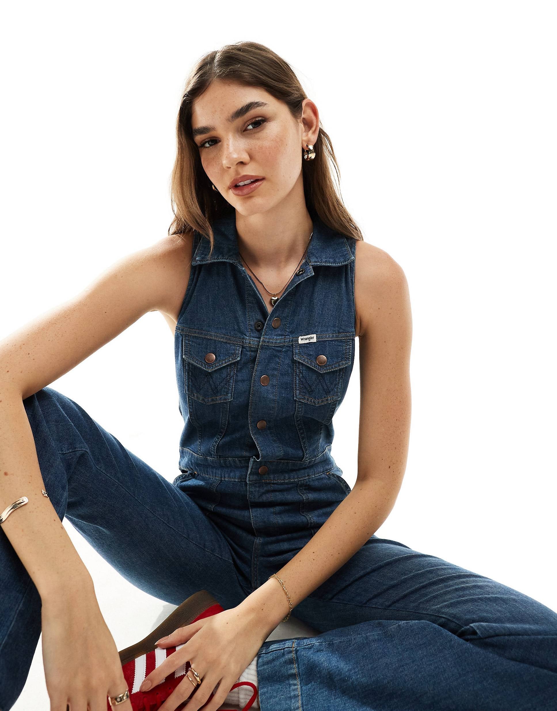 Wrangler racer back denim jumpsuit dark wash