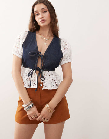 Miss Selfridge denim tie front broderie detail shirt