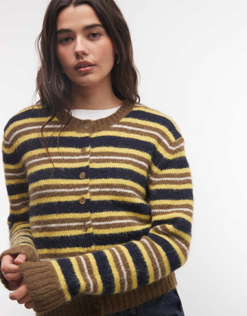 Monki button front compact cardigan olive navy stripe