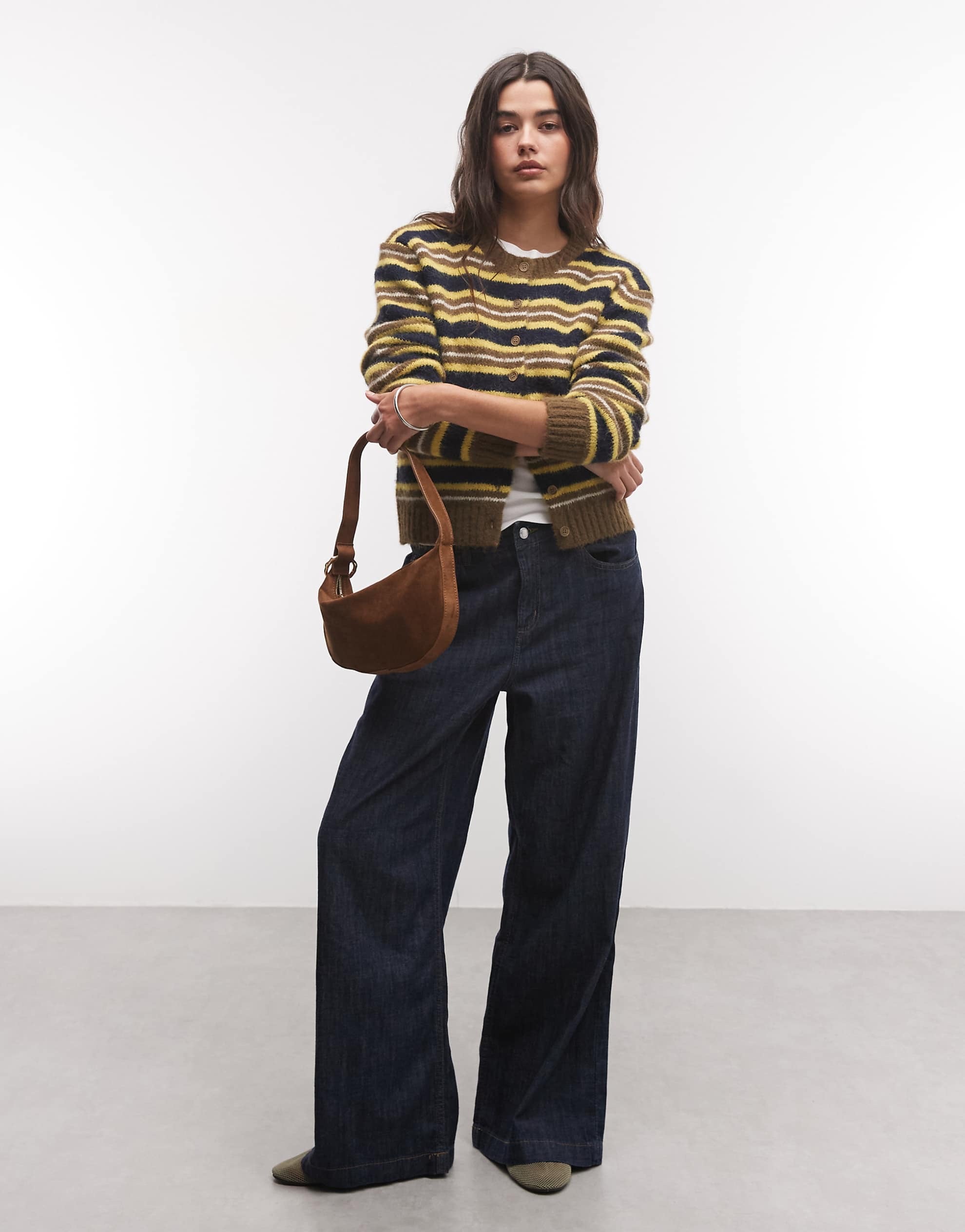 Monki button front compact cardigan olive navy stripe