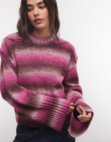 Monki boxy jumper with faded stripe burgundy pink stripe