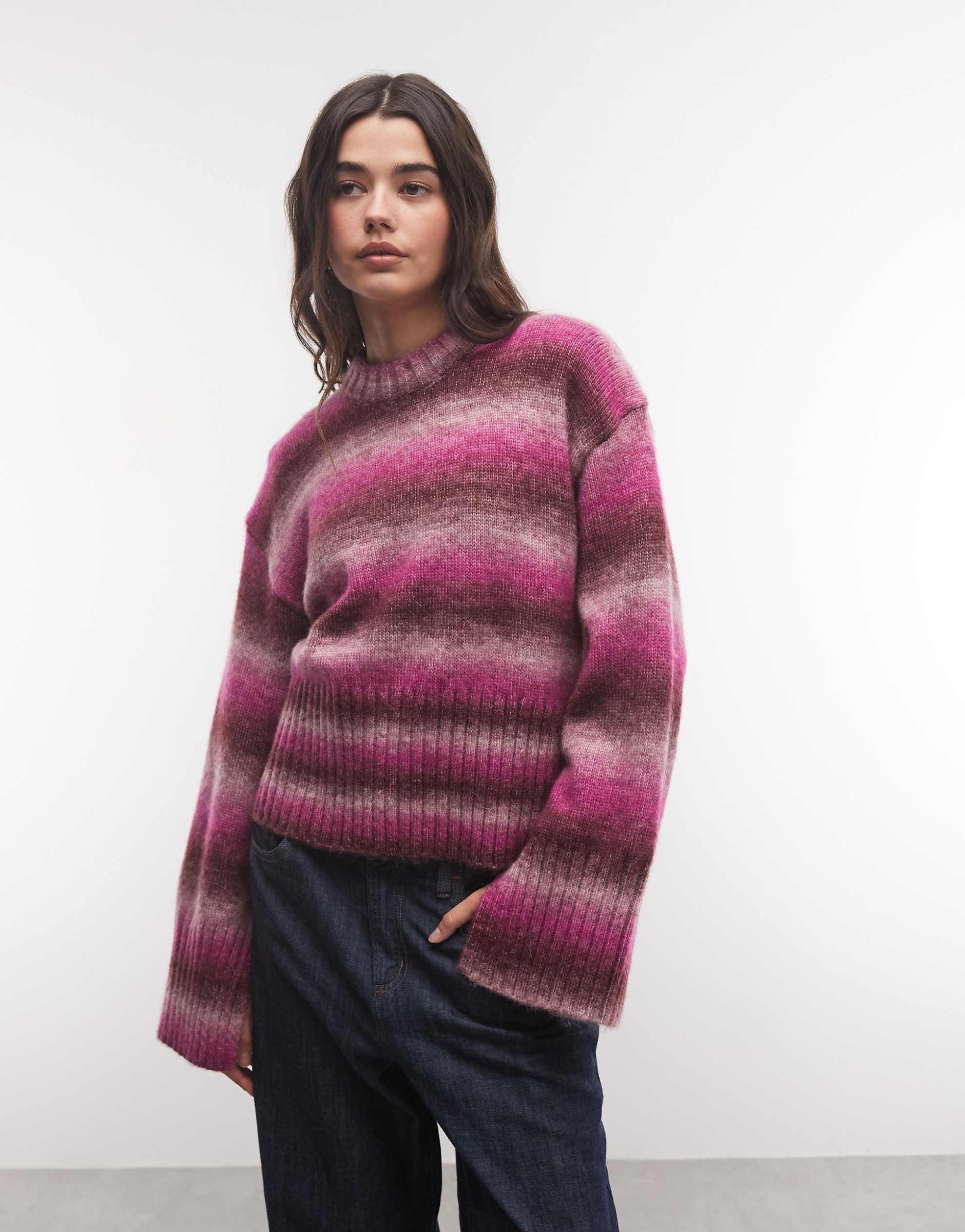 Monki boxy jumper with faded stripe burgundy pink stripe