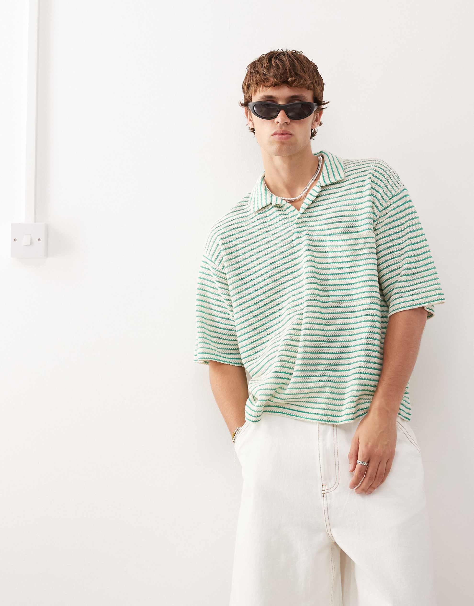 Reclaimed Vintage crochet resort short sleeve polo shirt green ecru stripe