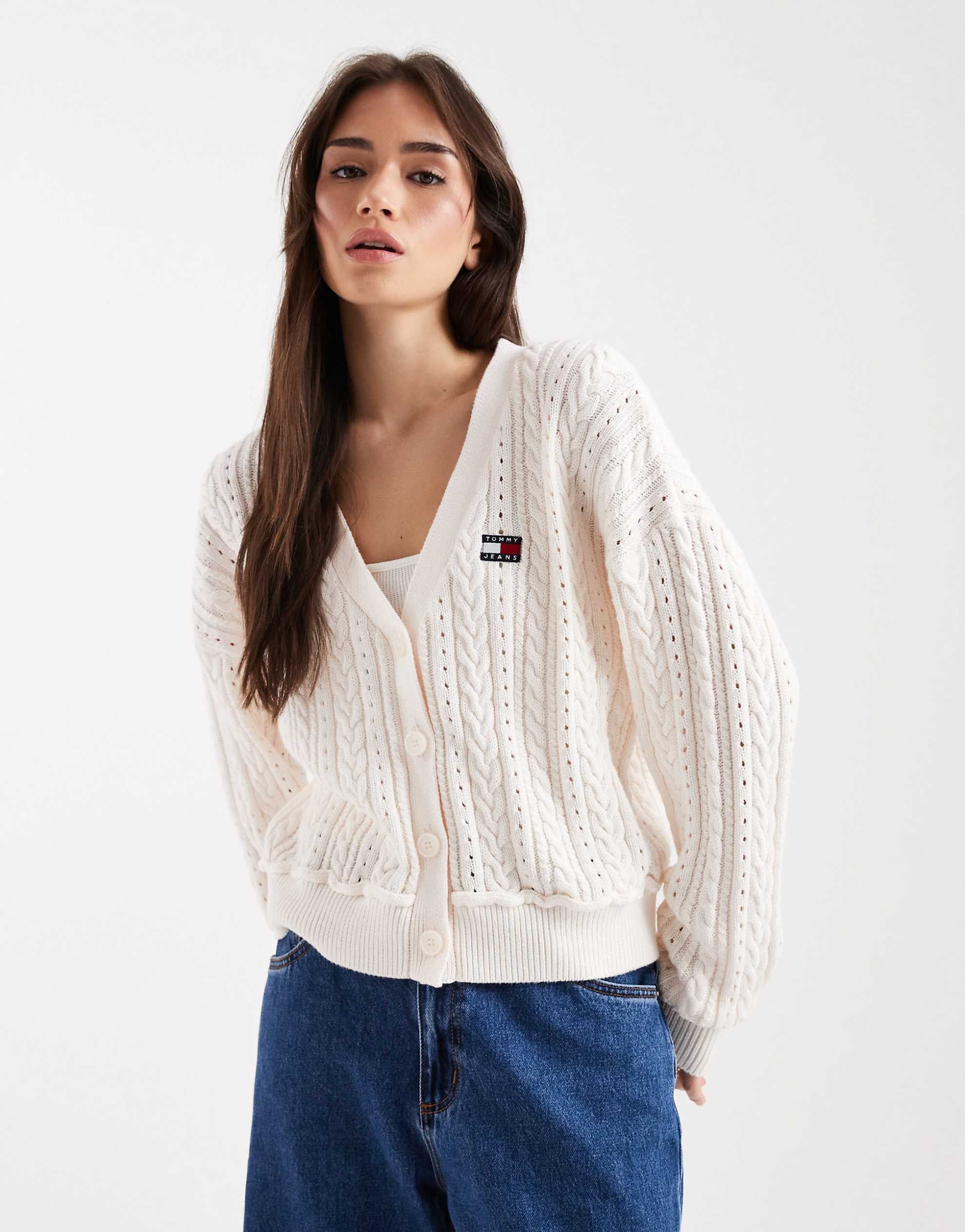 Tommy Jeans boxy fit cable knit cardigan cream