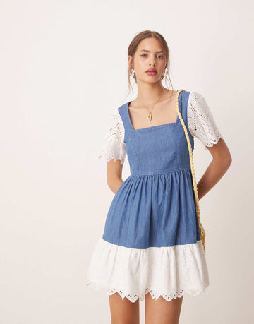 Miss Selfridge broderie mix denim mini wash