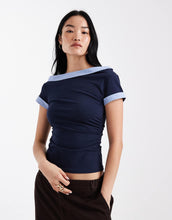 Load image into Gallery viewer, DESIGN hybrid fallen shoulder striped poplin hem top navy