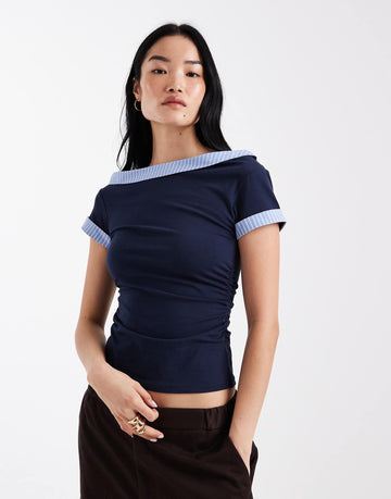 DESIGN hybrid fallen shoulder striped poplin hem top navy