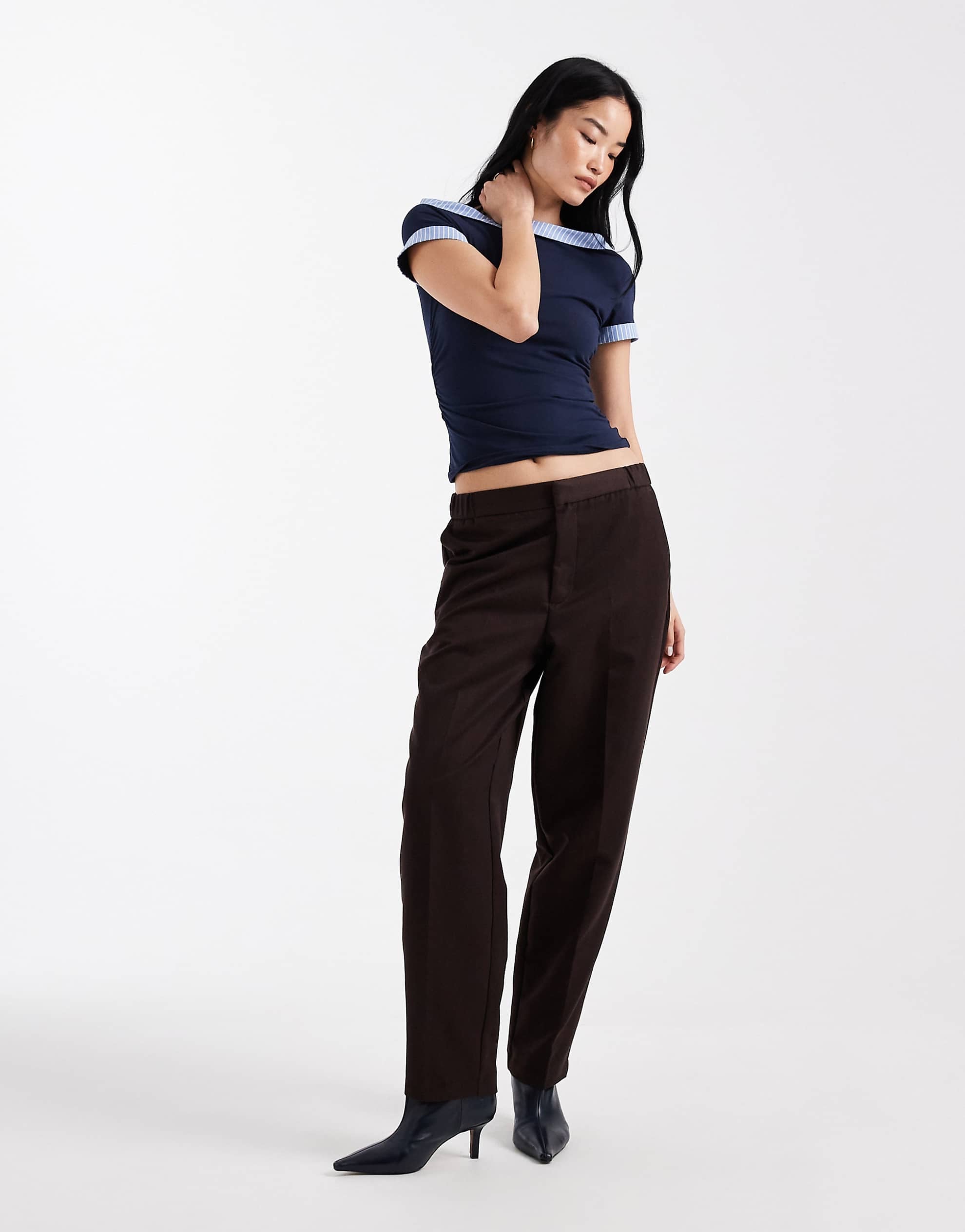 DESIGN hybrid fallen shoulder striped poplin hem top navy