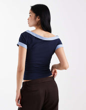 Load image into Gallery viewer, DESIGN hybrid fallen shoulder striped poplin hem top navy