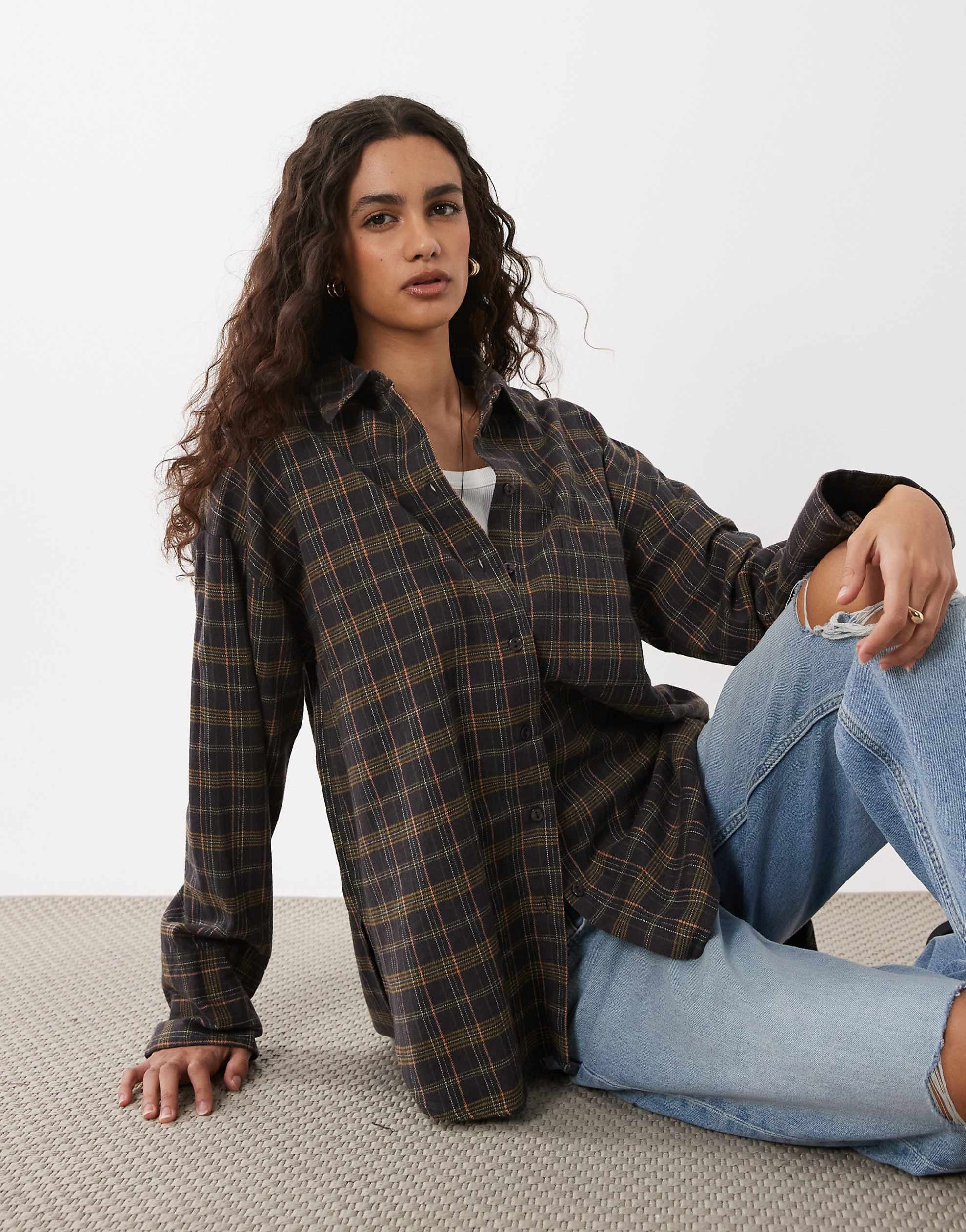 DESIGN washed check shirt in brown check