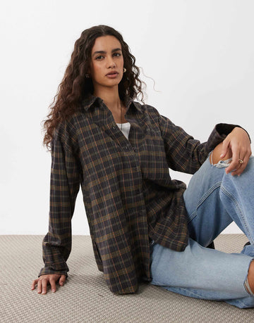 DESIGN washed check shirt in brown check