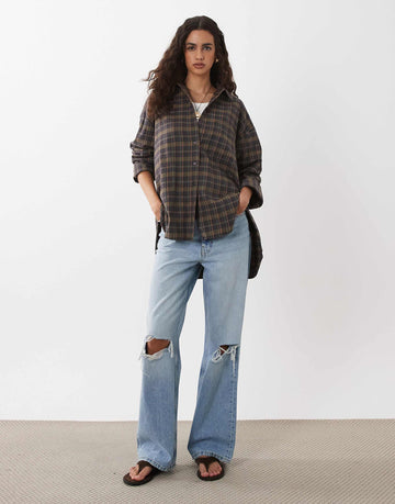 DESIGN washed check shirt in brown check