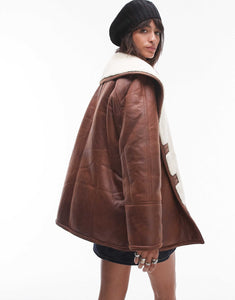 Faux leather shearling super oversized coat tan