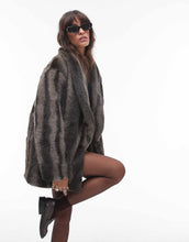 Load image into Gallery viewer, Topshop faux fur midi coat cream brown stripe