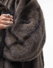 Load image into Gallery viewer, Topshop faux fur midi coat cream brown stripe