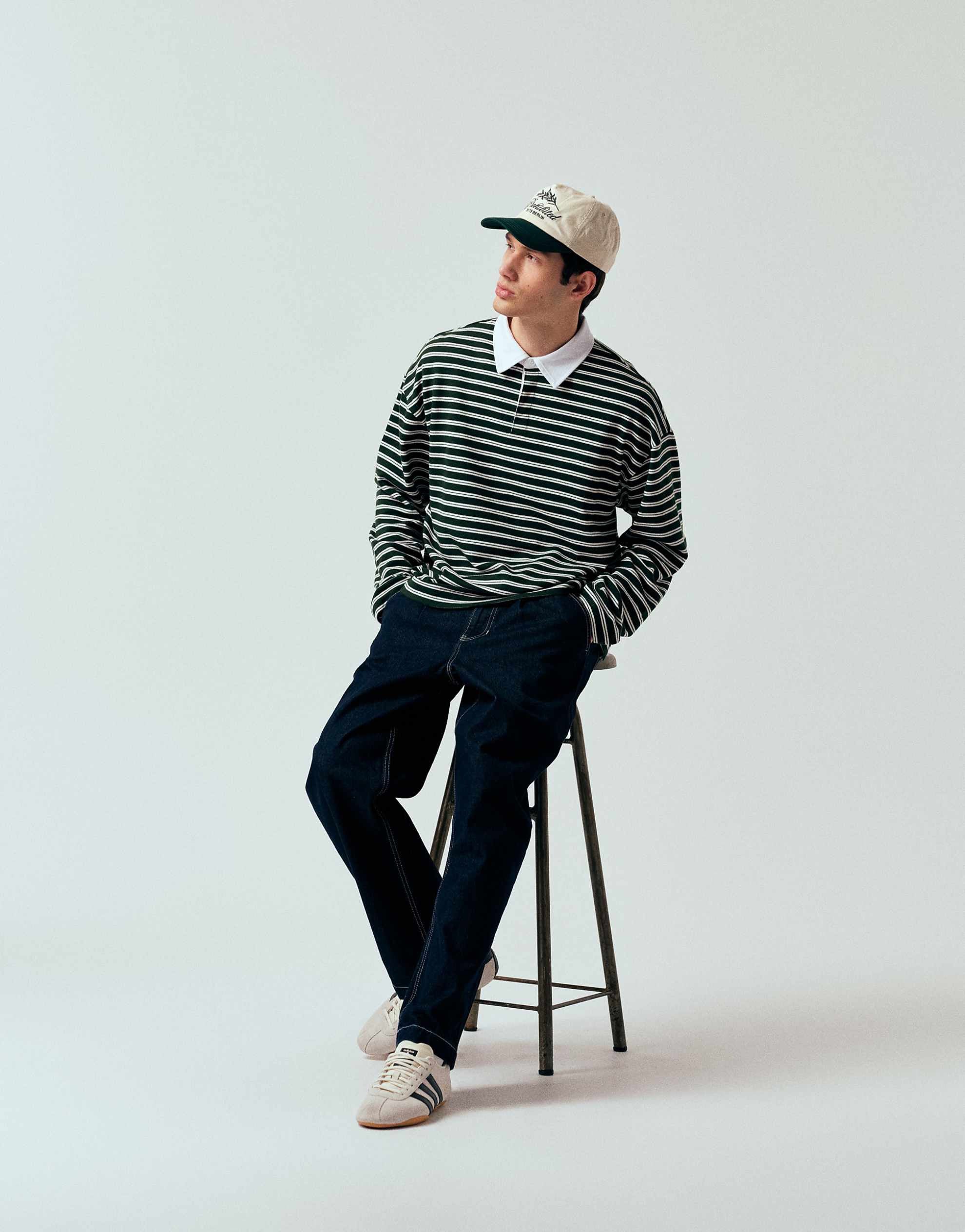 DESIGN heavyweight oversized long sleeve polo textured green stripe