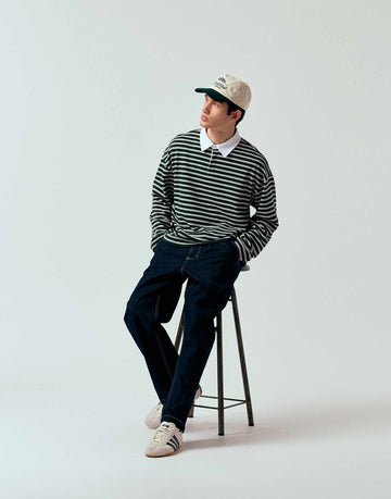 DESIGN heavyweight oversized long sleeve polo textured green stripe