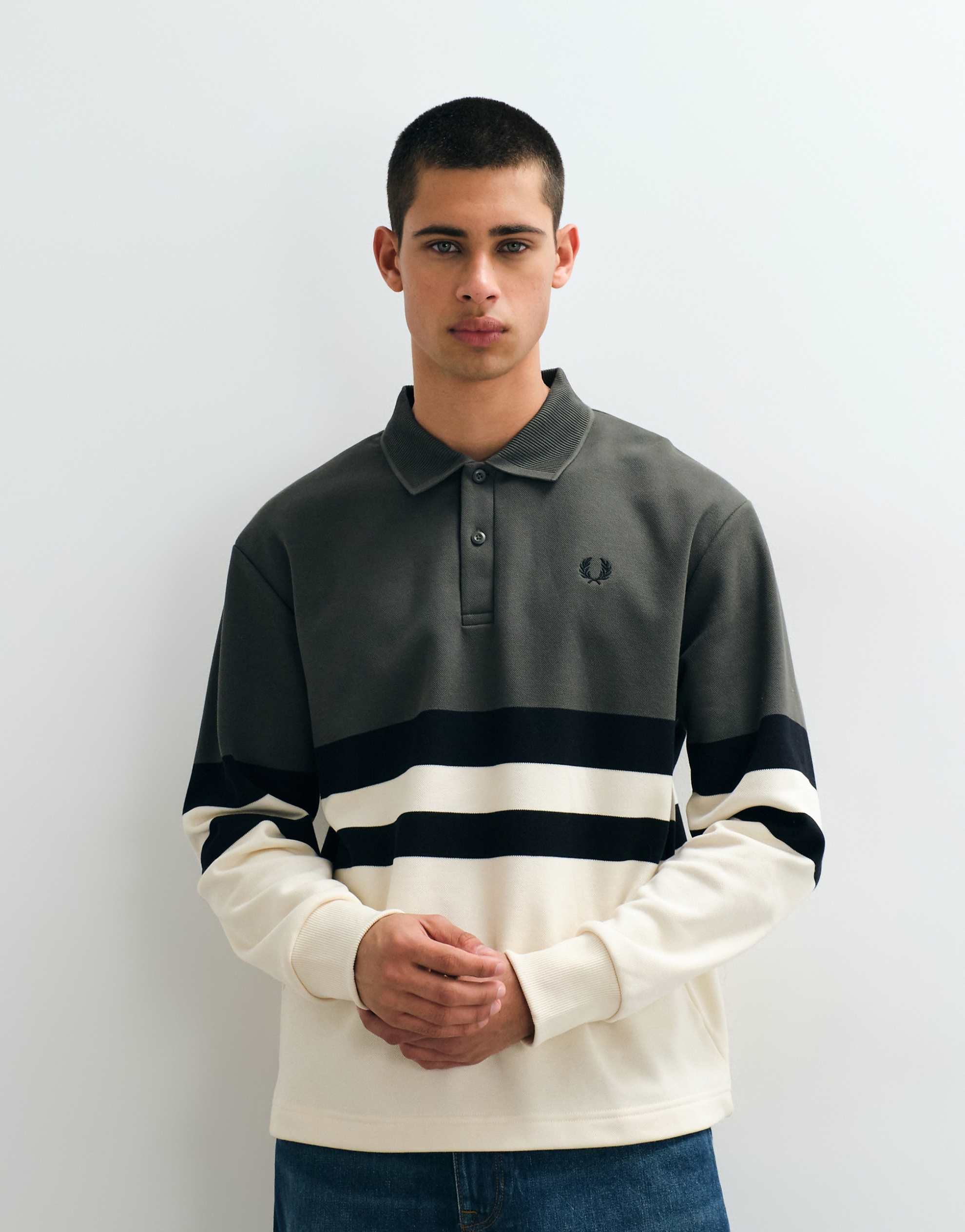 Fred Perry colour block collared sweatshirt green ecru