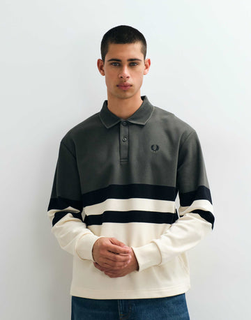Fred Perry colour block collared sweatshirt green ecru