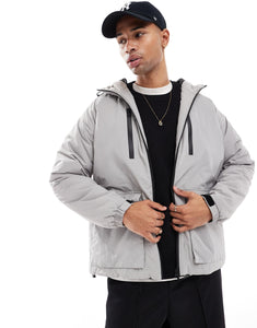 Brave Soul raglan hooded jacket zip detail grey