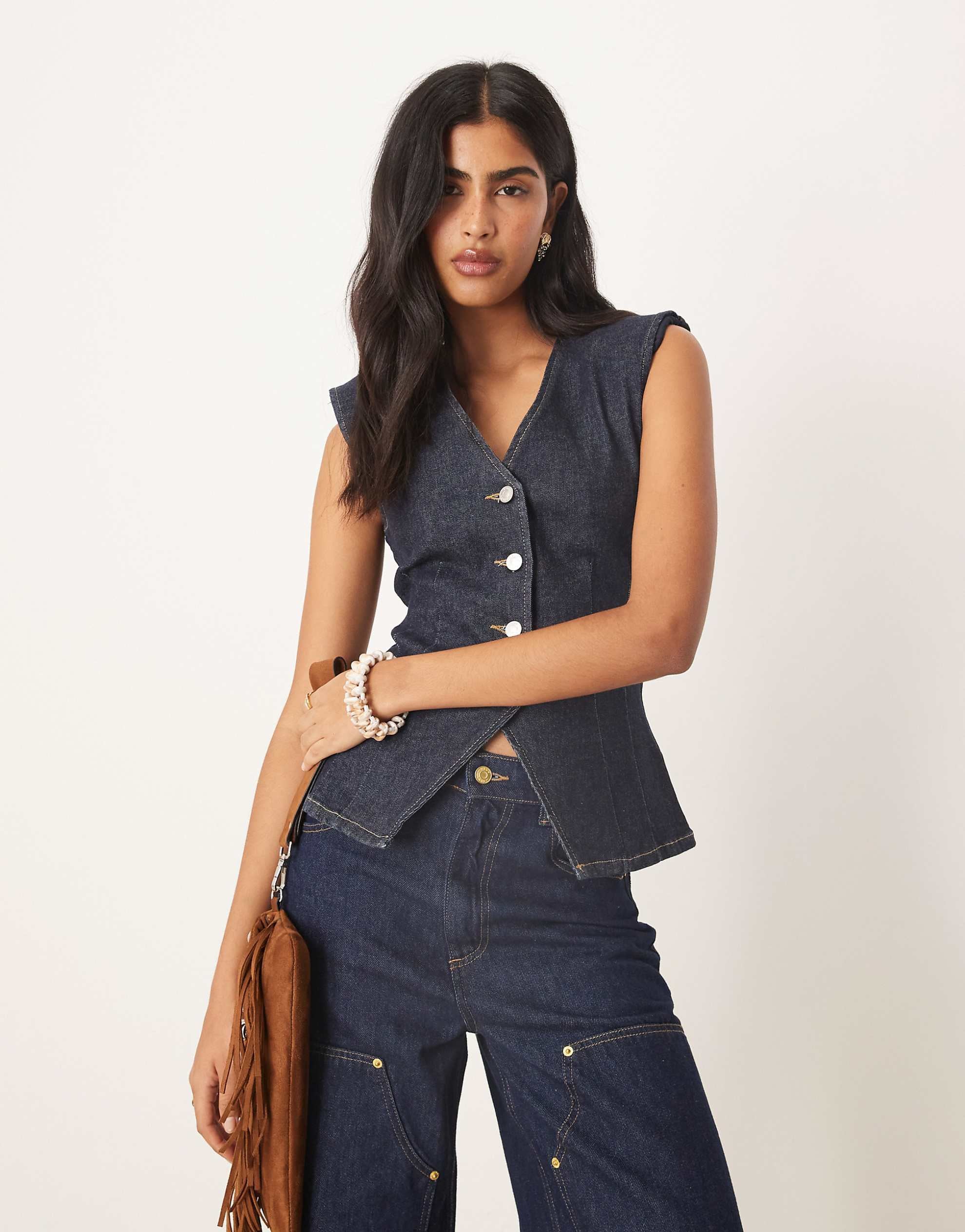 DESIGN cinched waist denim waistcoat